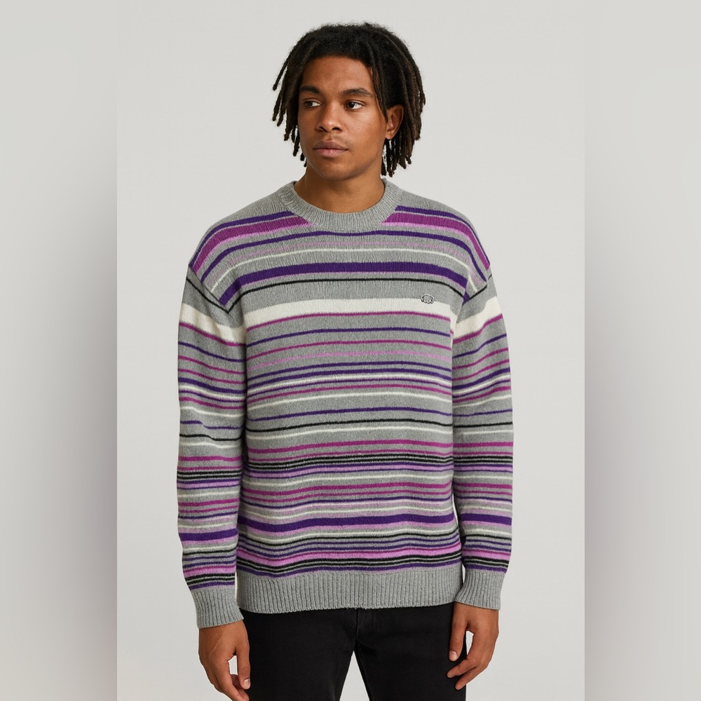 Ecko Unltd XL Wool Blend Sweater Gray Purple Pink Stripe Rhino Y2K Streetwear